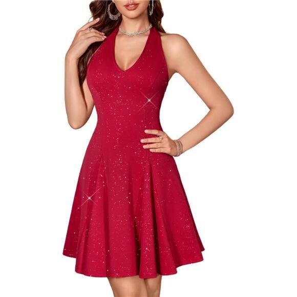 Glitter Sparkle V Neck Cocktail Dress for Women Red - Picture 1 of 6